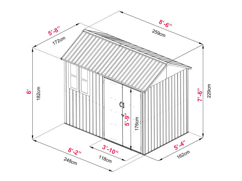 RELYARD 6x8 METAL COTTAGE GARDEN SHED WITH WINDOW (1700 Series) 5'-9" DOOR HEIGHT